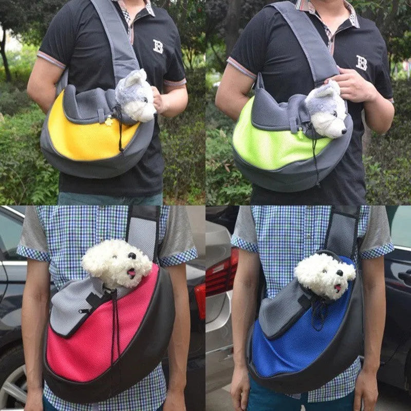Blue polyester pet carrier backpack shown from the side, with mesh panel and straps.
