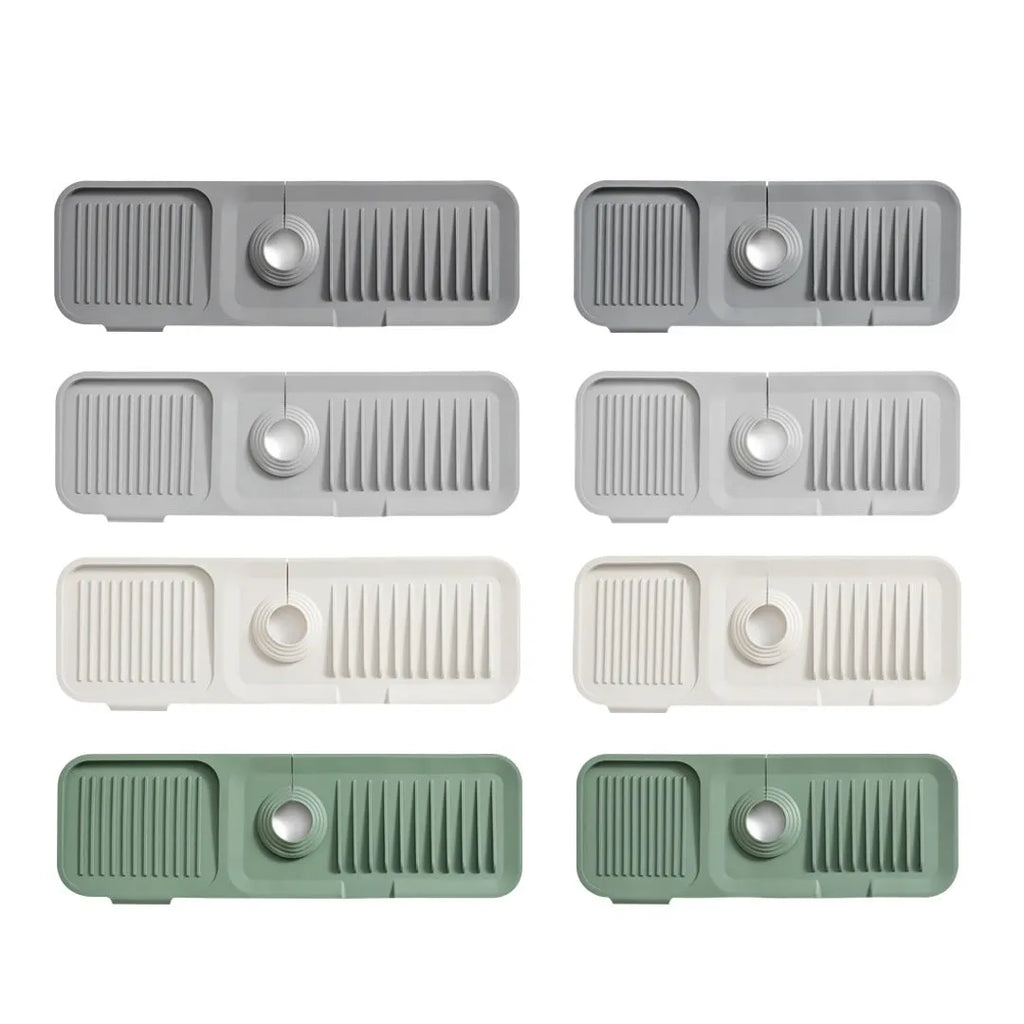 Silicone sink splash guard pad in beige colour showing sloped design with two drain channels.