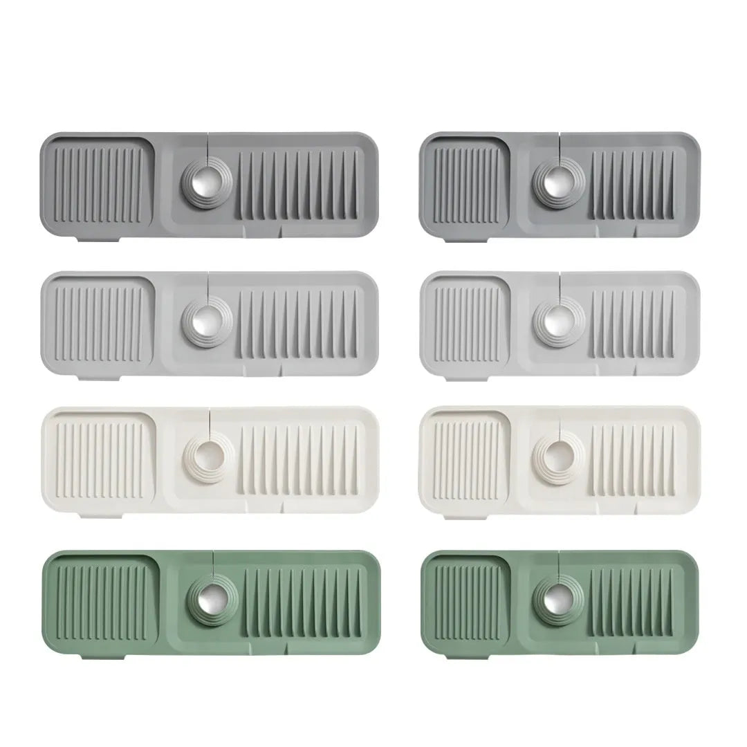 Silicone sink splash guard pad in beige colour showing sloped design with two drain channels.