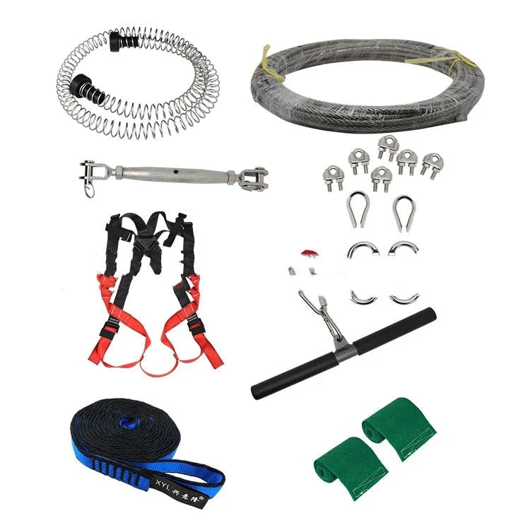Ziptreck 10-metre children's pulley slide rope set with alloy steel pulleys, safety equipment and multiple locks