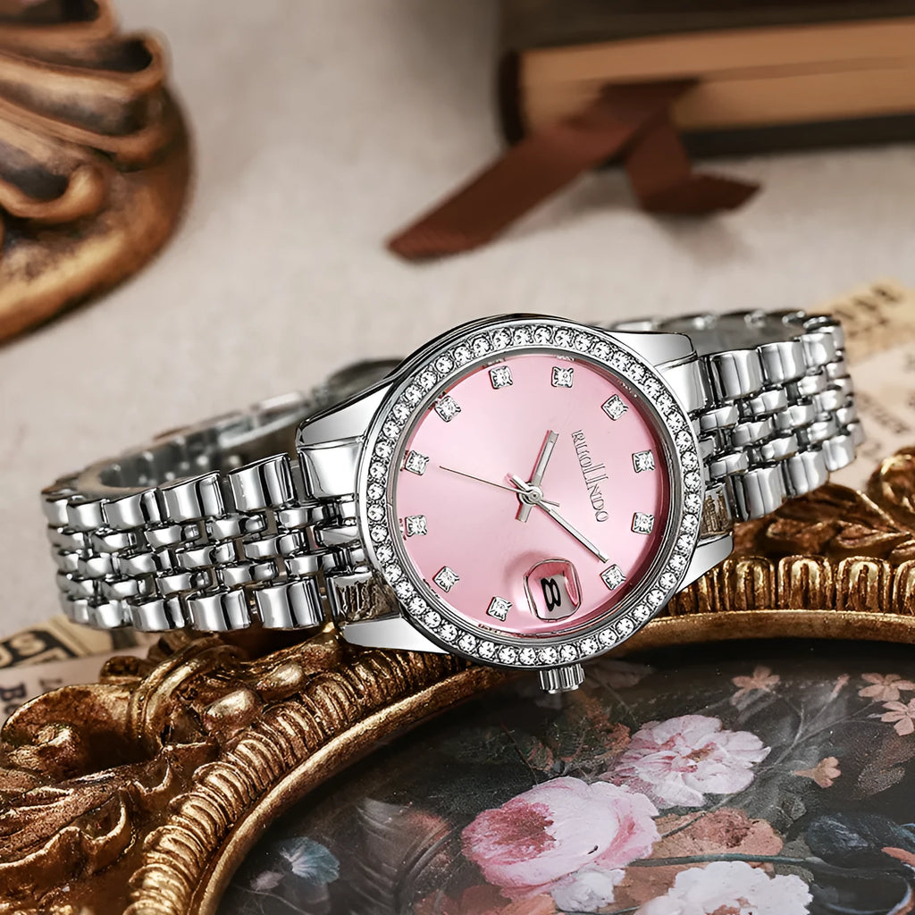 Women's silver calendar watch with circular dial and stainless steel buckle on alloy strap