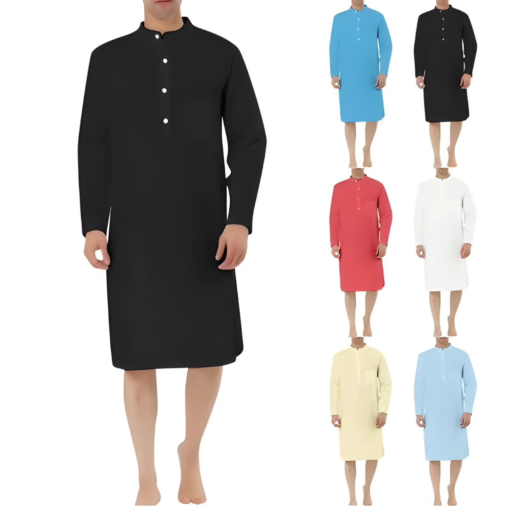 Men's cotton shirt robe in various colours shown with shirt-style front