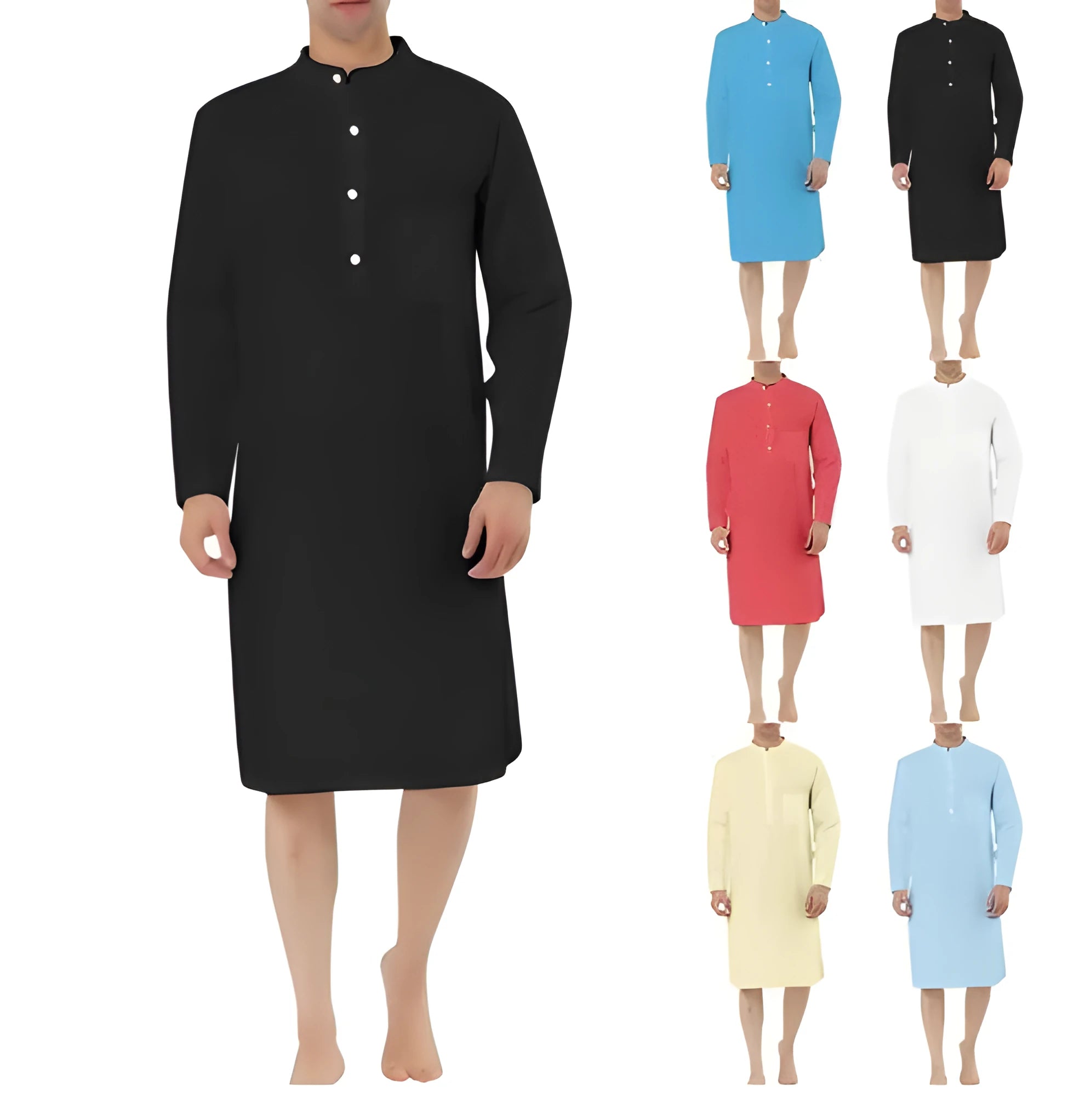 Men's cotton shirt robe in various colours shown with shirt-style front