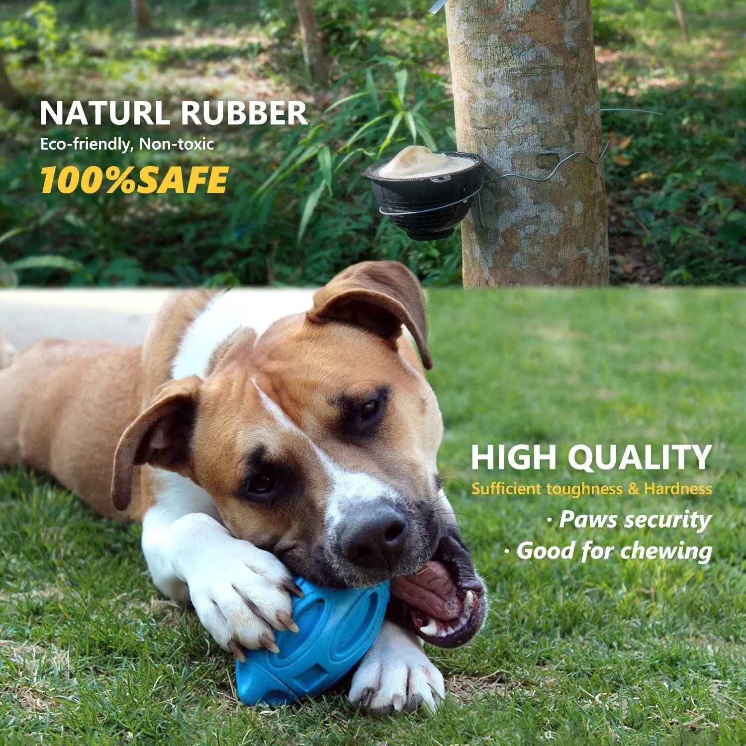Blue durable rubber squeaky dog ball with surface grooves for aggressive chewers