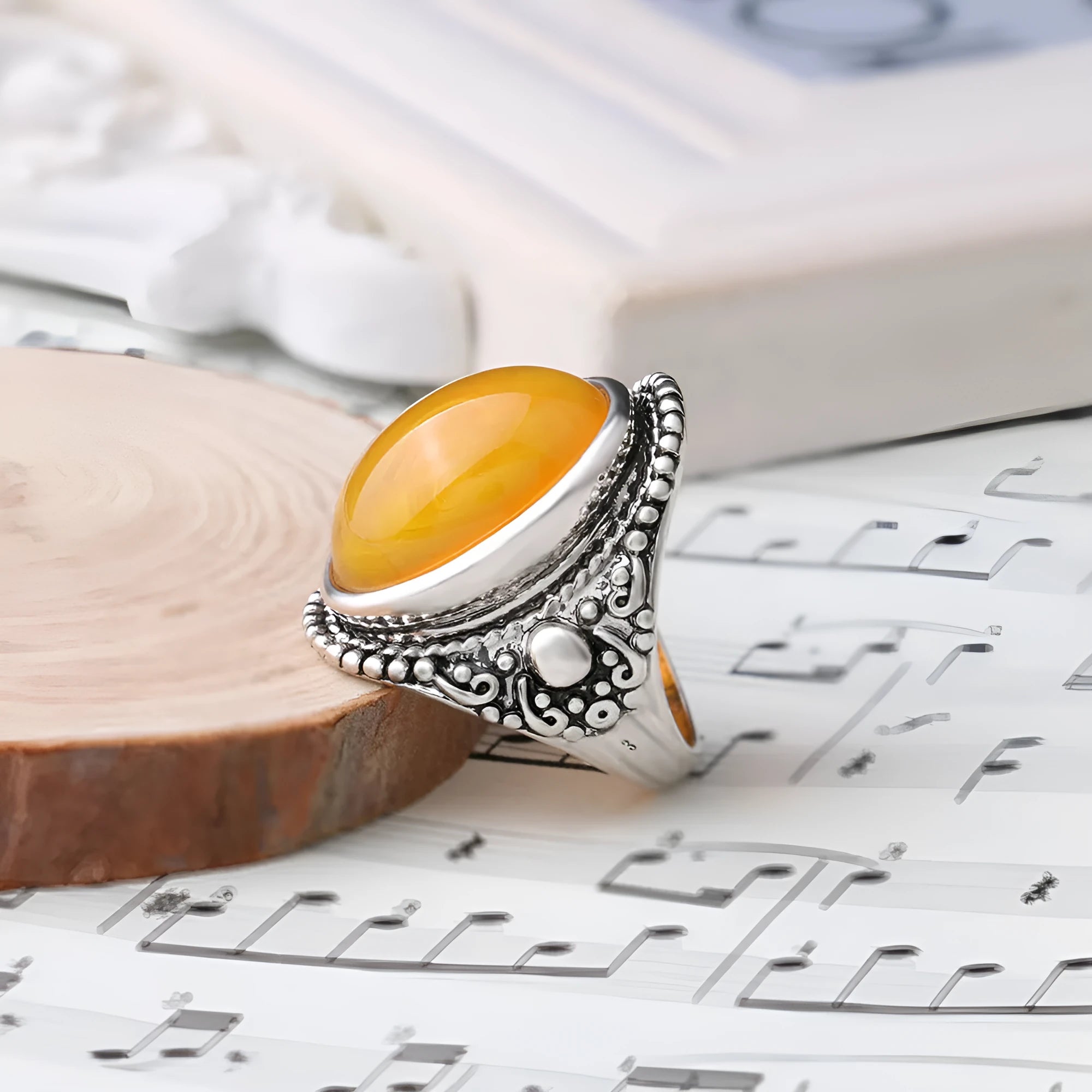 Retro geometric alloy ring with fluorescent beeswax accents and antique silver electroplating