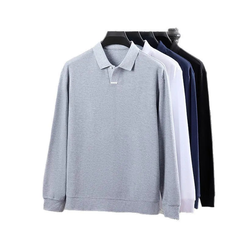 Men's loose fit cotton polo shirt in black with lapel collar and long sleeves on a hanger