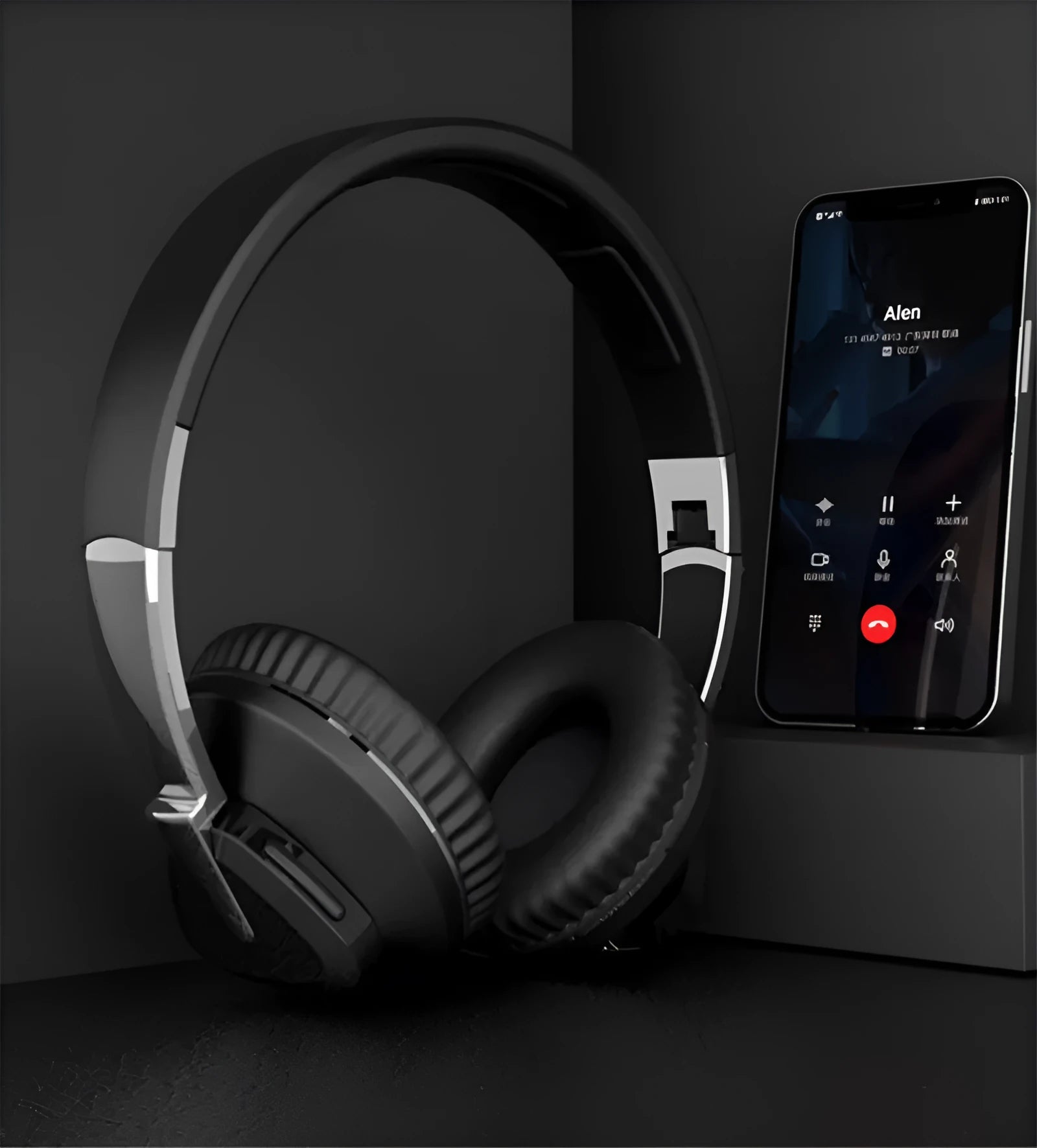 Wireless over-ear headset in black with Bluetooth logo, AUX jack, and TF card slot visible.