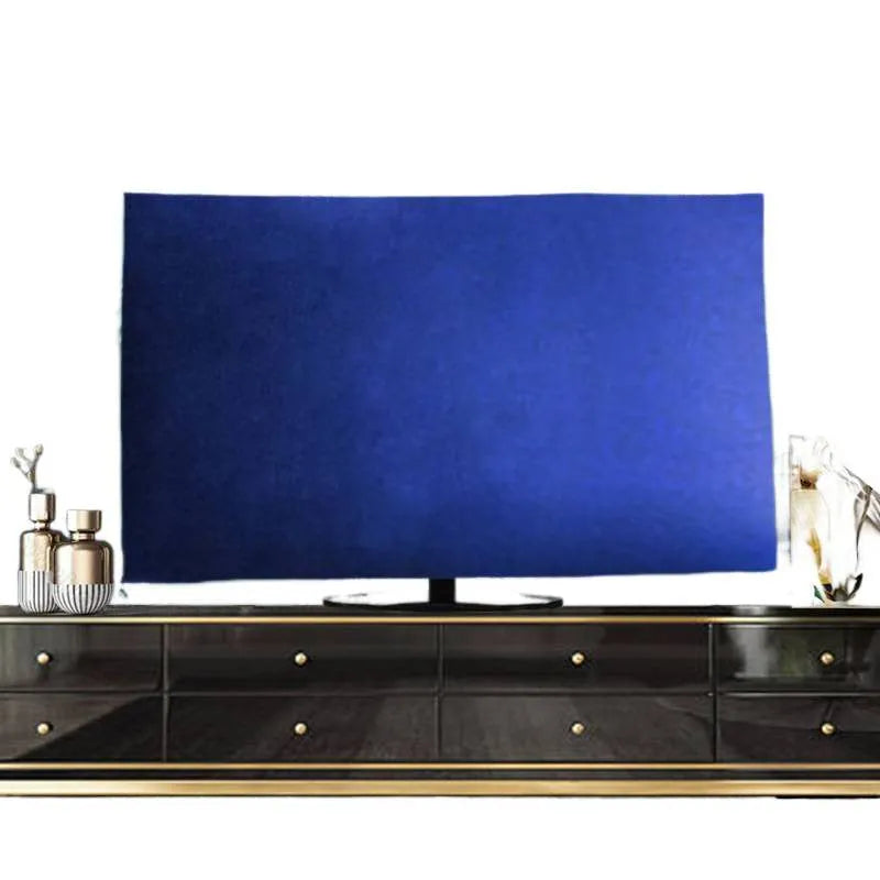 Velvet television cover in light blue colour draped over a large LCD screen.