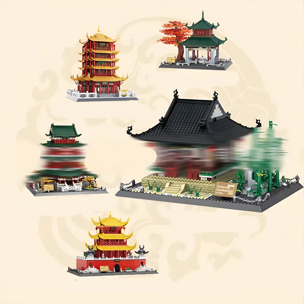 Wange building block set showing over 800 small ABS plastic pieces for constructing global landmark models.