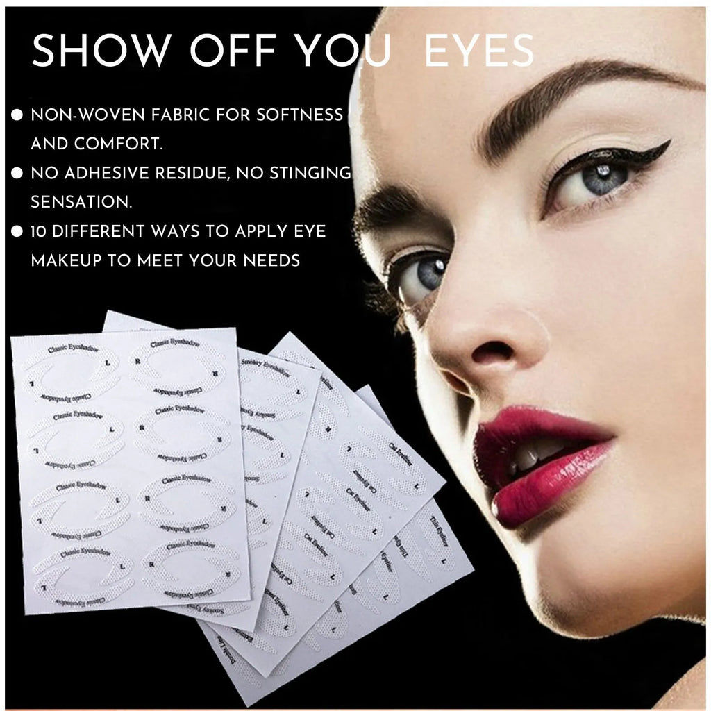 Set of four reusable flexible eyeliner and eyeshadow makeup stencil stickers on a pink background.