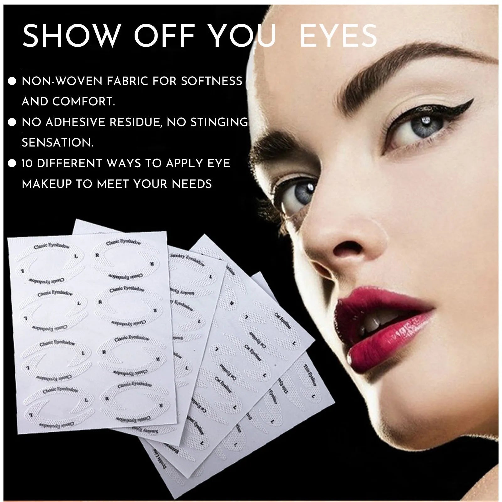 Set of four reusable flexible eyeliner and eyeshadow makeup stencil stickers on a pink background.