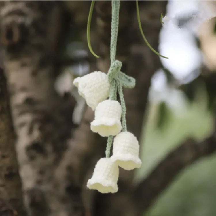 Knitted green and white car plant decoration with hanging rope