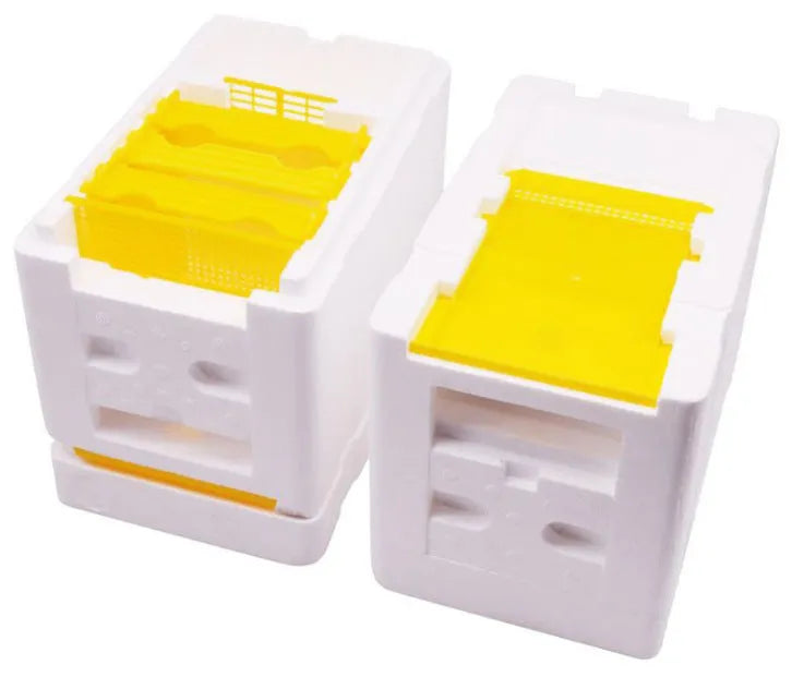 Three white EPS foam bee mating boxes for beehive pollination and breeding tool set