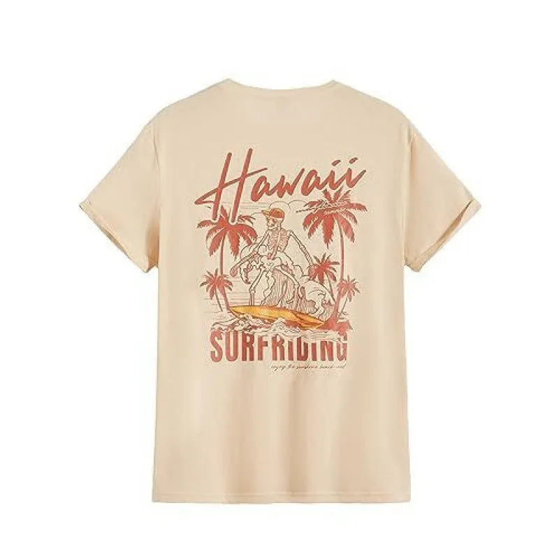 Men's printed short-sleeve street sports t-shirt on a hanger showing one of ten colour designs.