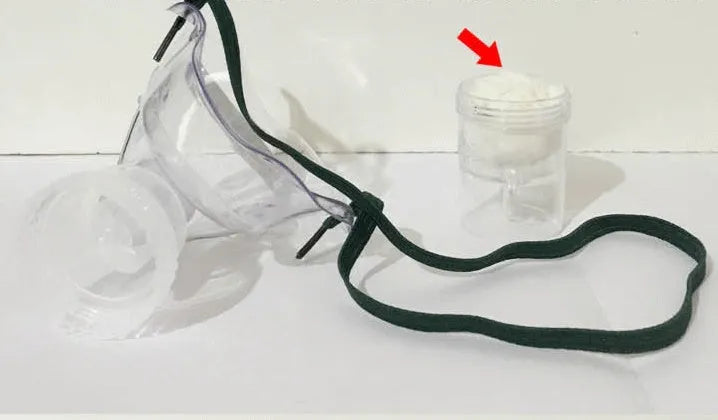 Soft rubber mask strap adjuster clip shown securing a blue face mask.