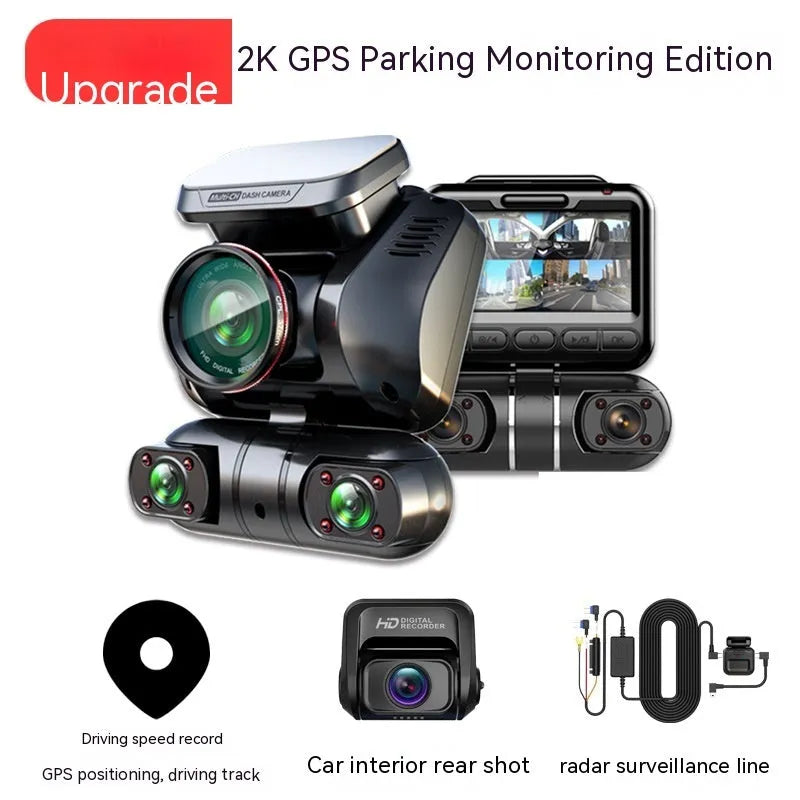 Car driving recorder with four lenses, 2-inch screen, and plastic housing for vehicle monitoring