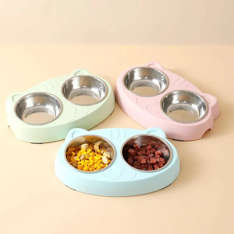 Blue macaron-shaped plastic double bowl pet feeder for food and water