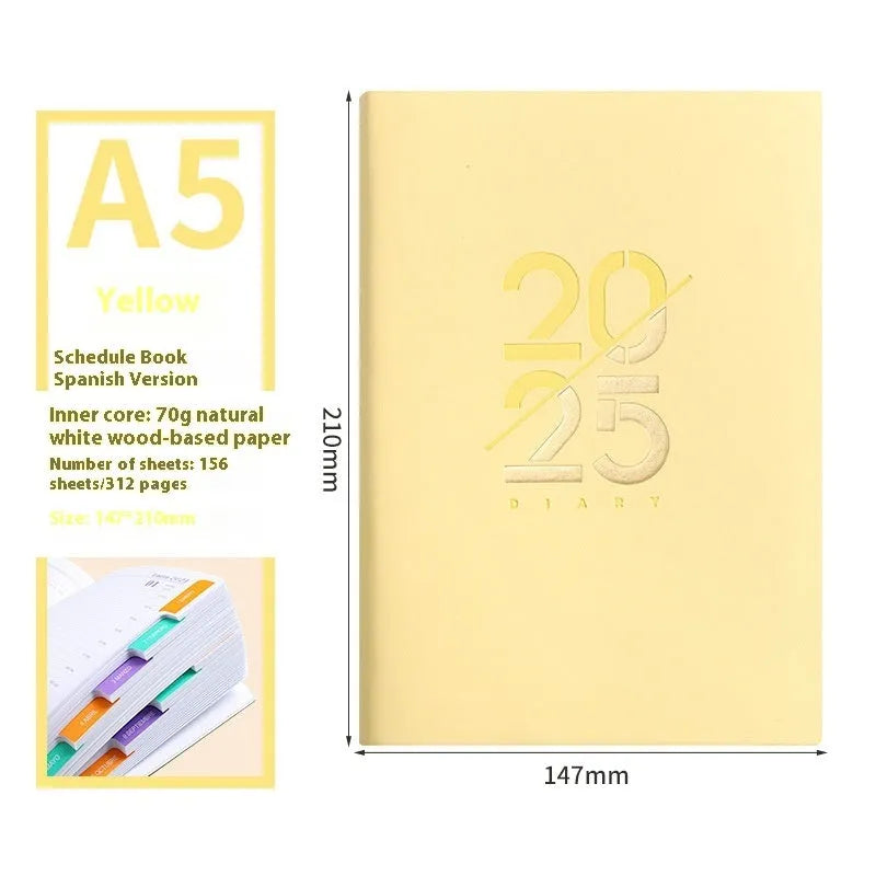 A5 daily planner with soft faux leather cover open to show dot grid pages