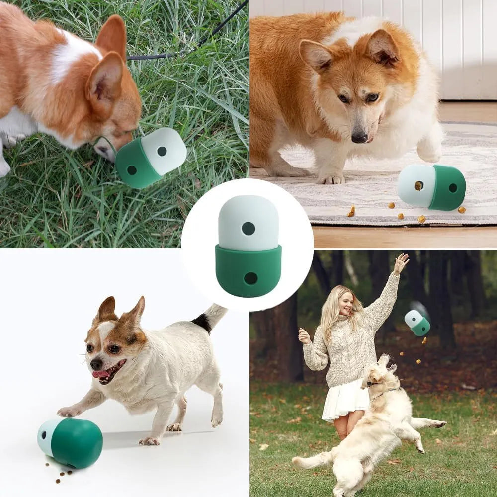 Colourful silicone dog treat puzzle ball shown in blue, green, and yellow, next to dog treats.