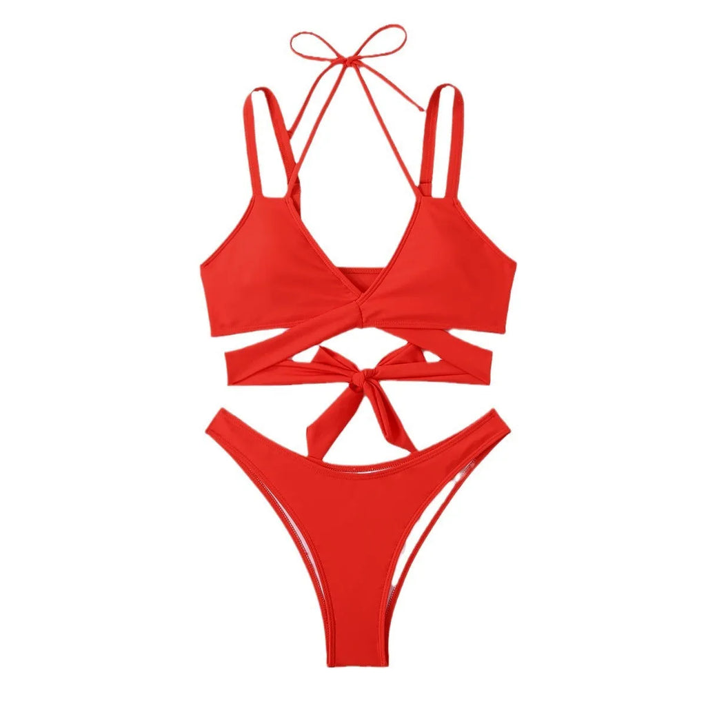 Solid colour strap bikini swimsuit for women shown in black, blue, red, rose red and white colour options