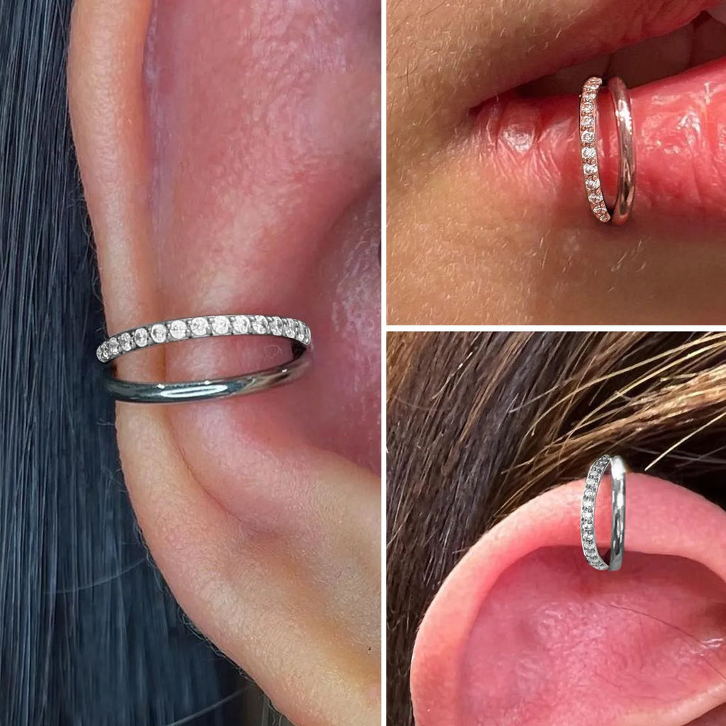 Titanium alloy L-shaped fork nose ring in silver, gold, black, rose gold and colourful finishes on a white background.