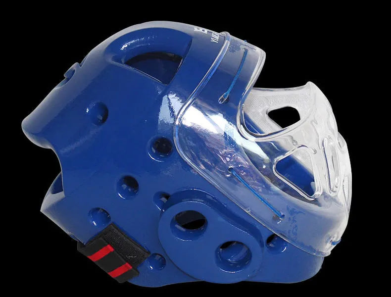 White, blue, and red karate boxing helmet for head protection in sizes S, M, L, XL.