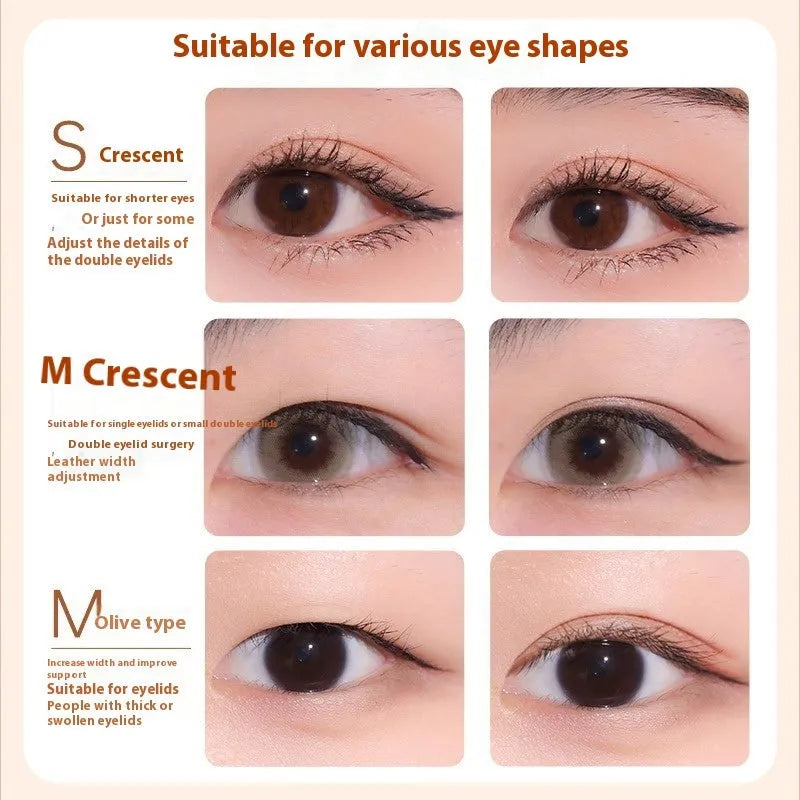 Roll of 120 clear lace double eyelid stickers in crescent and olive M shapes on skin.
