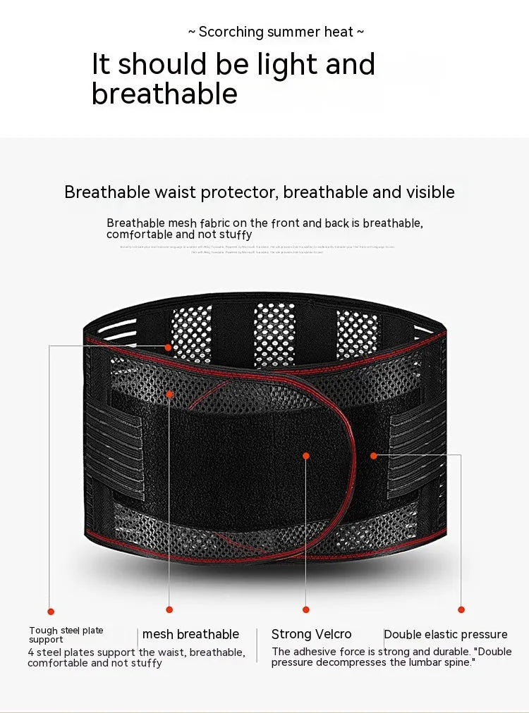 Black decompression sports waist support belt with steel plate insert shown on a model, sizes S to 2XL.