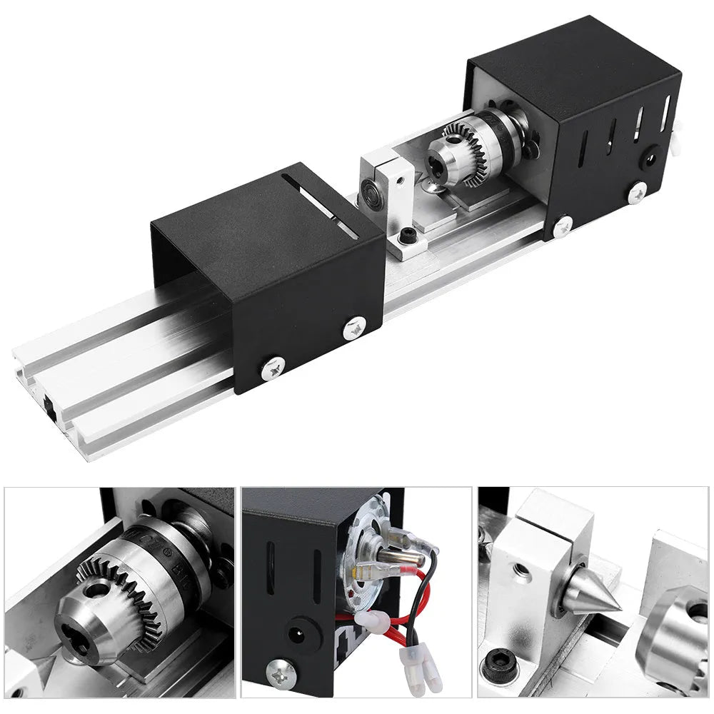 Compact metal manual woodworking lathe on workbench with carving knives
