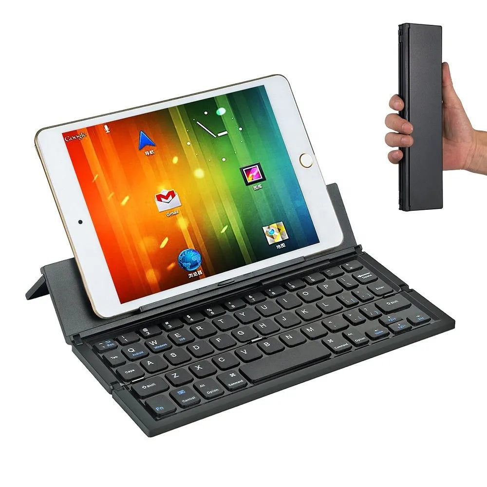 Black folding wireless Bluetooth keyboard for tablets with aluminium bottom and wrist support
