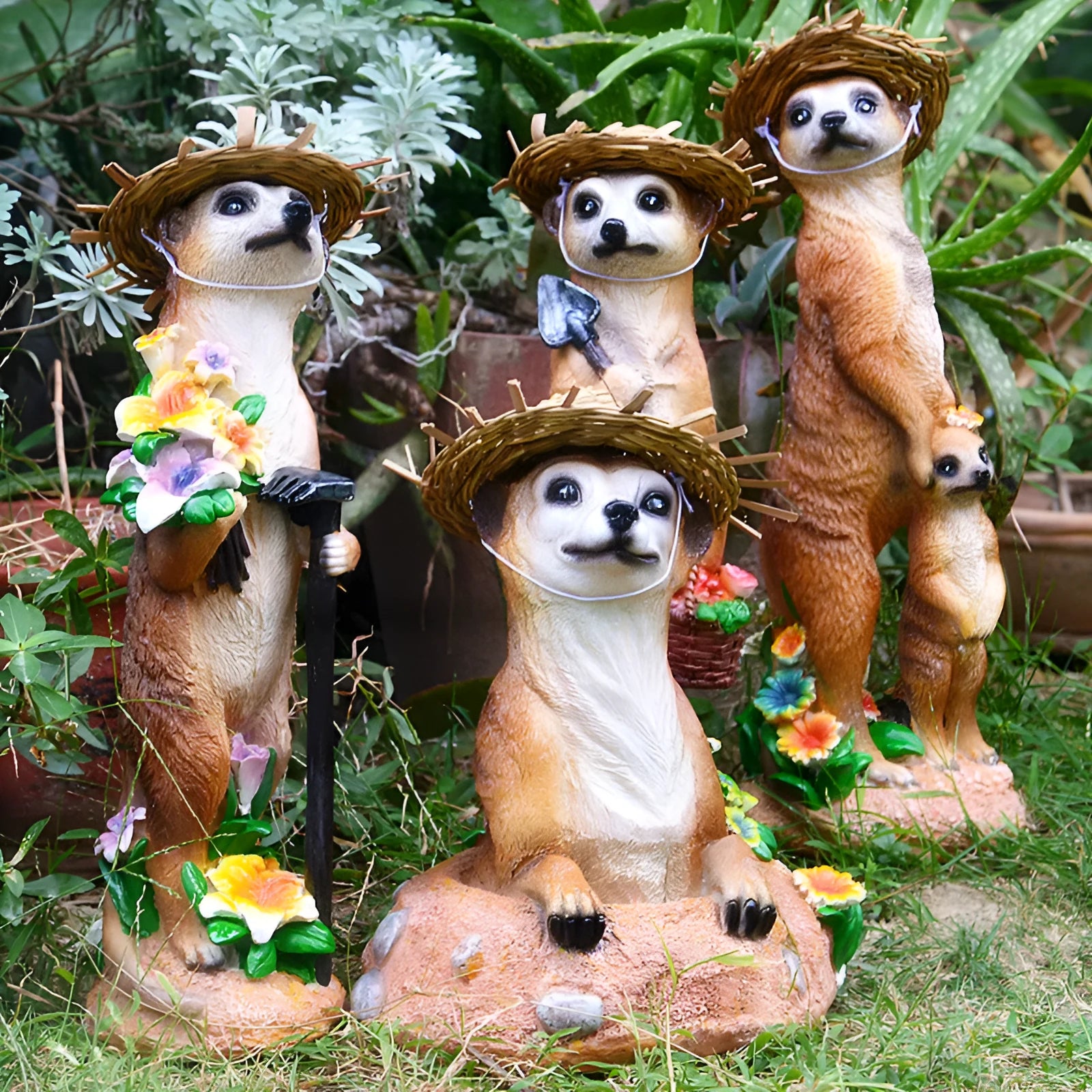 Yellow-brown resin mongoose garden ornaments with straw hats and gardening tools