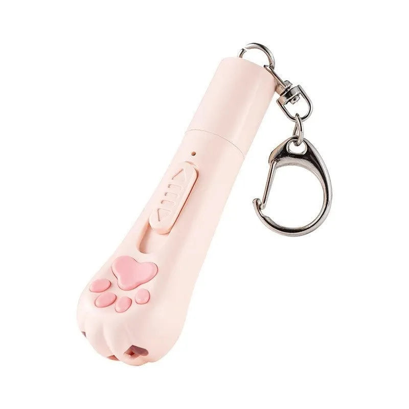 USB rechargeable cat teaser pen light with colourful LED and feather attachment in pink, cream, or blue
