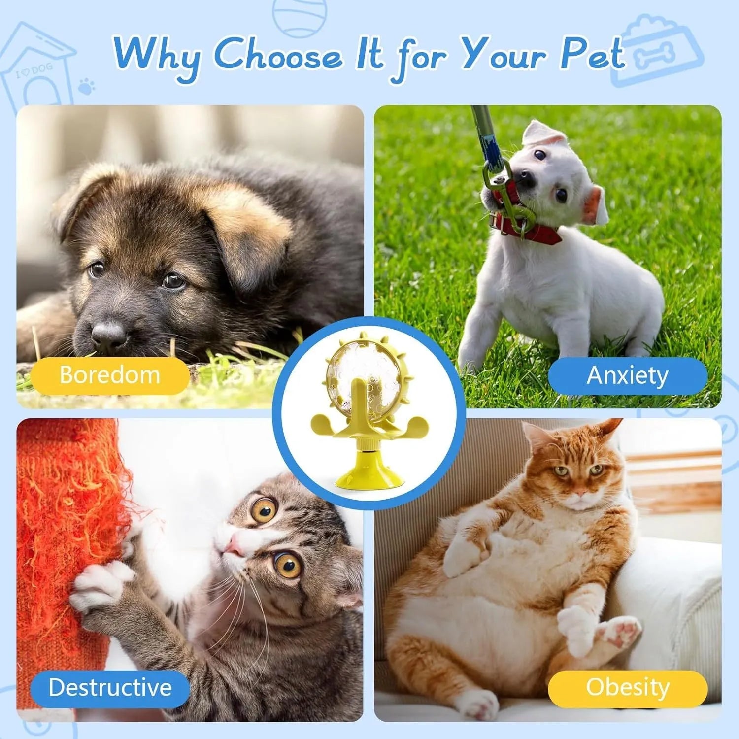 Blue interactive pet puzzle feeder toy with rotating spinner and sucker base for cats and dogs