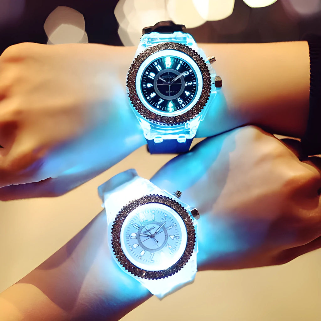 Women's LED luminous quartz watch with round dial, silicone strap, and luminous display features