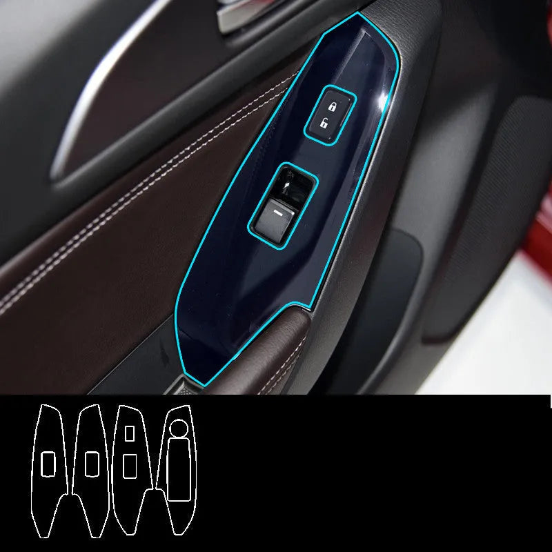Four TPU protective films for car door control panel glass switches on 2014-2019 vehicles