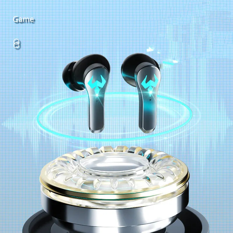 Black wireless Bluetooth 5.0 in-ear stereo headset with noise-cancelling design for sports and gaming