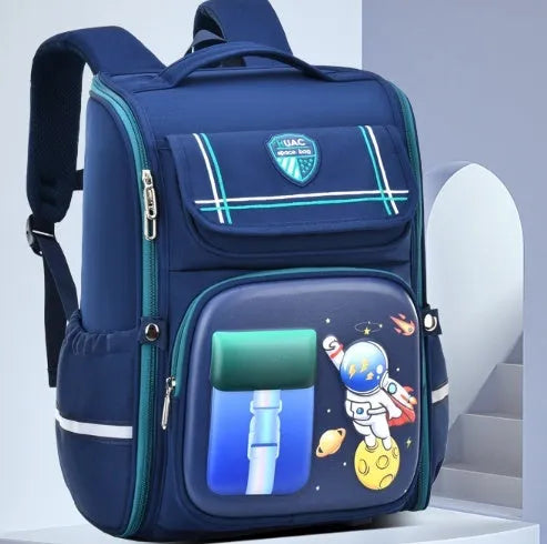 Children's large capacity cartoon backpack with airpillow straps in spaceman blue red colour