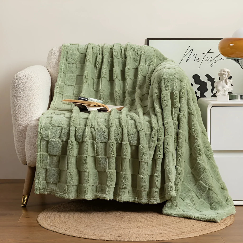 Geometric pattern polyester blanket in creamy white colour showing modern simple design