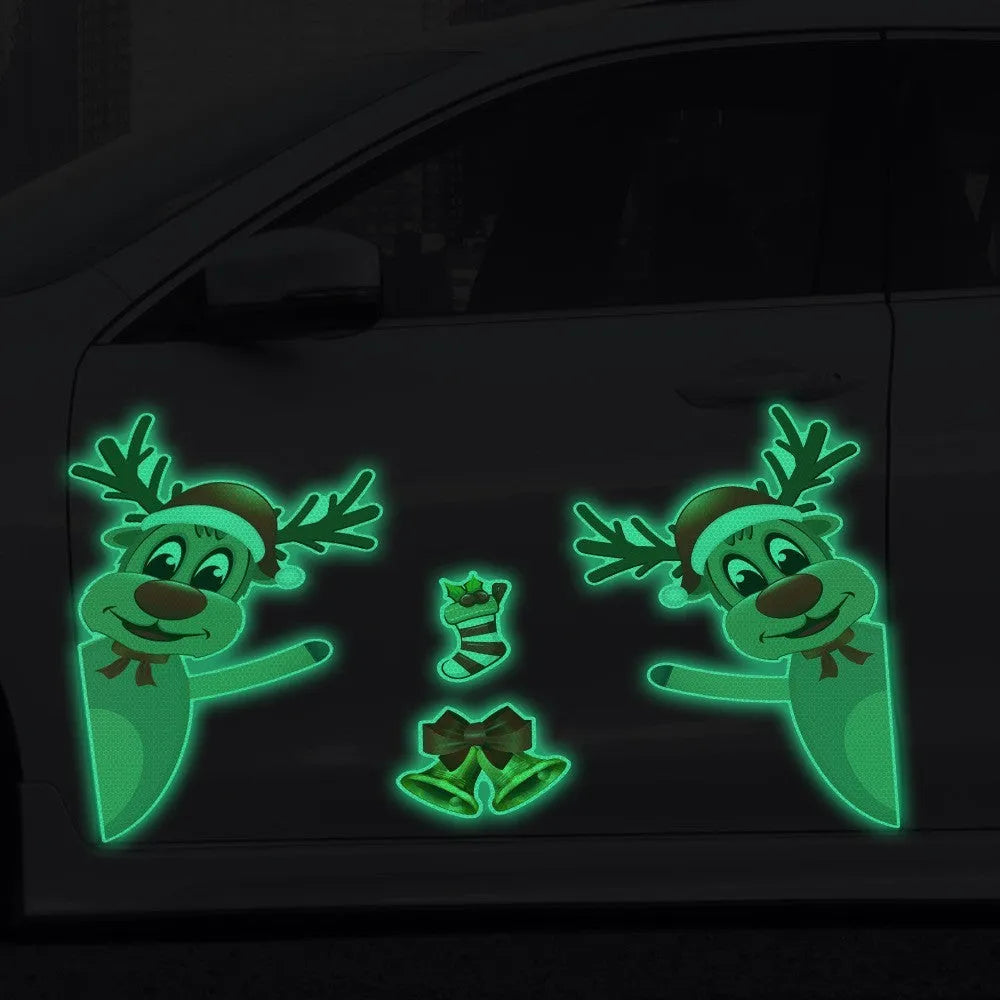 Cartoon Christmas elk bell design magnetic bumper stickers with reflective and luminous features on a vehicle.