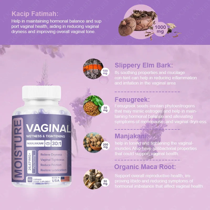 Bottle of vaginal capsule supplement containing 60 capsules for adult women