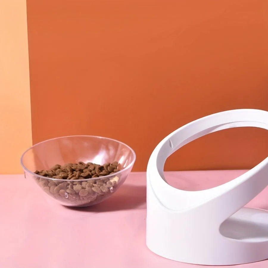 White elevated tilt cat food bowl made from clear durable plastic.