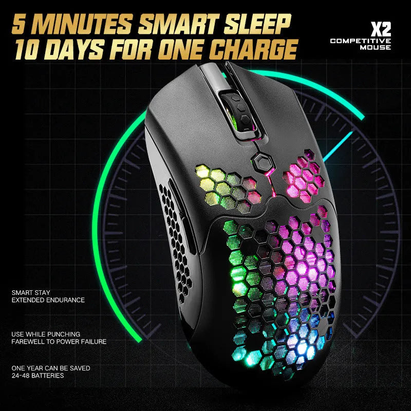Free Wolf X2 wireless gaming mouse showing RGB lighting and ambidextrous symmetrical design