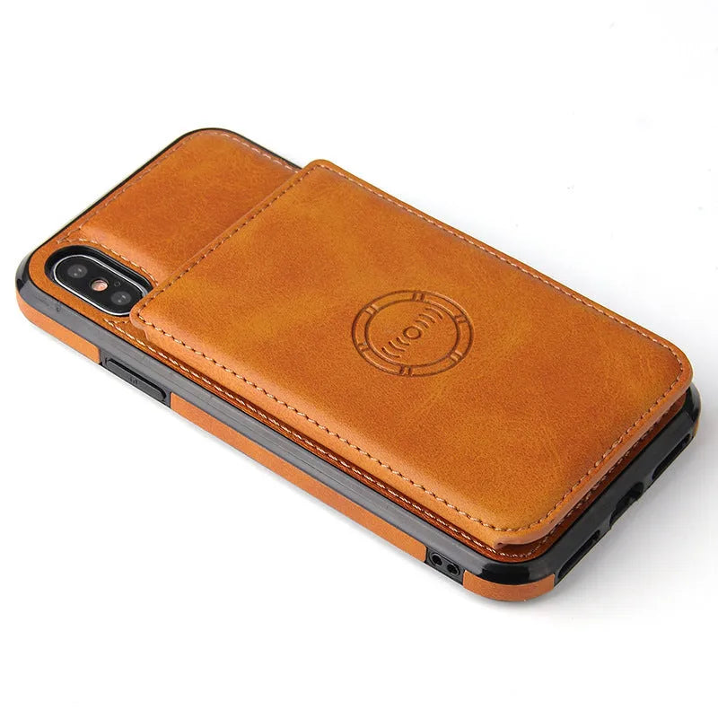 Imitation leather iPhone wallet case in black with card slots, shown on an iPhone 11.