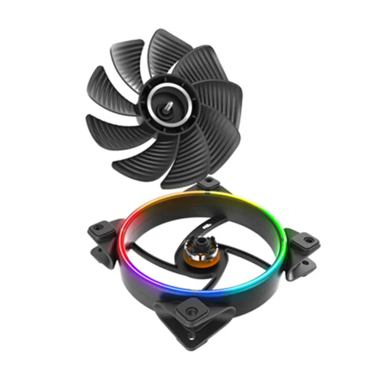 Three black 12cm PC case fans with illuminated RGB blades on a transparent background.