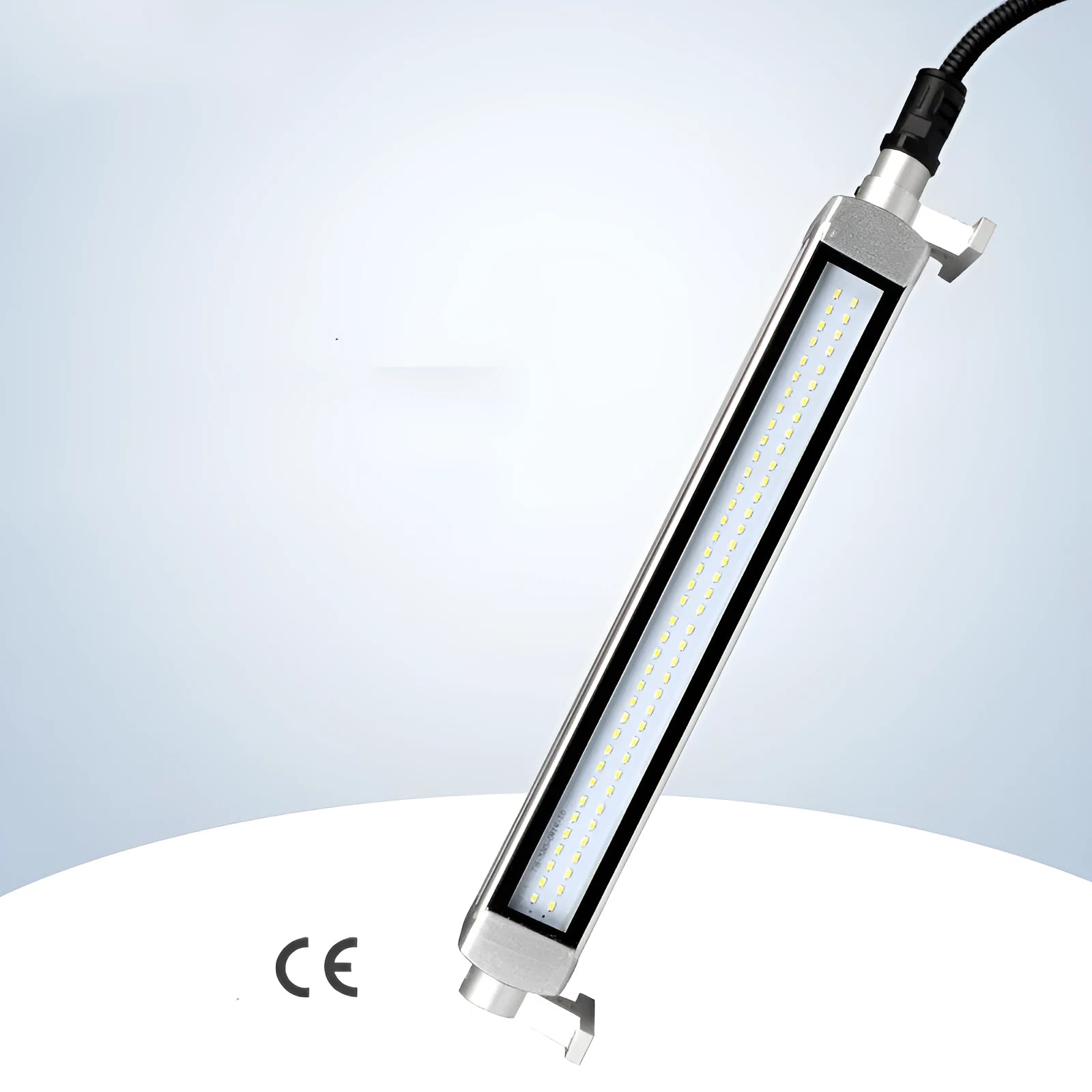 Long 1.2m aluminium LED explosion proof light with tempered glass for mounting on a CNC lathe.