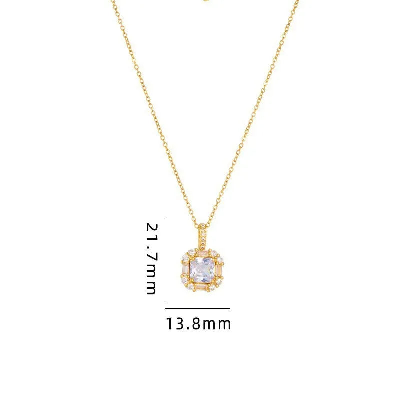 Women's gold titanium steel necklace with quadrilateral gem-inlaid pendant on water wave chain