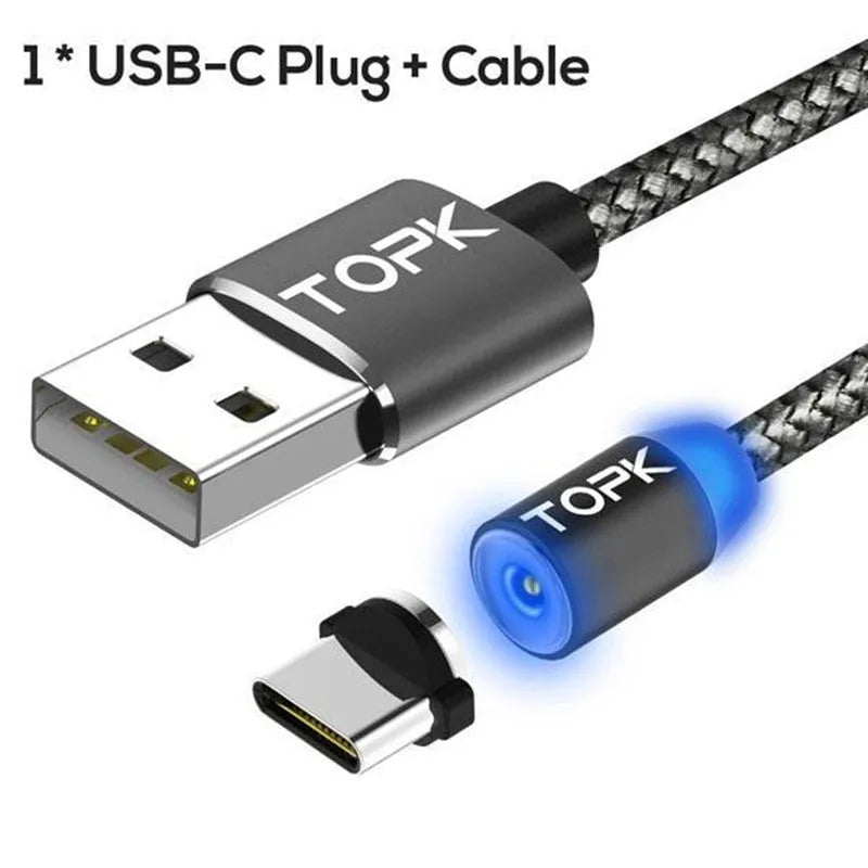 Magnetic charging cable with aluminium alloy shell and three magnetic plugs for Apple, Android, and Type-C devices