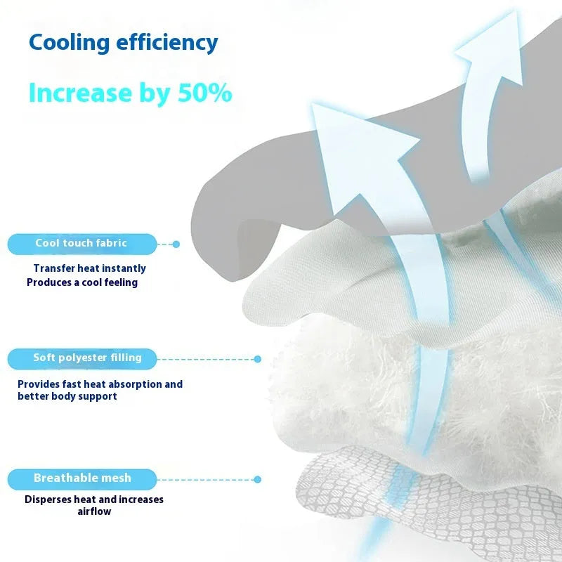 Ice silk dog cooling mat with simple dog head design in light grey, showing non-slip base and rectangular shape.