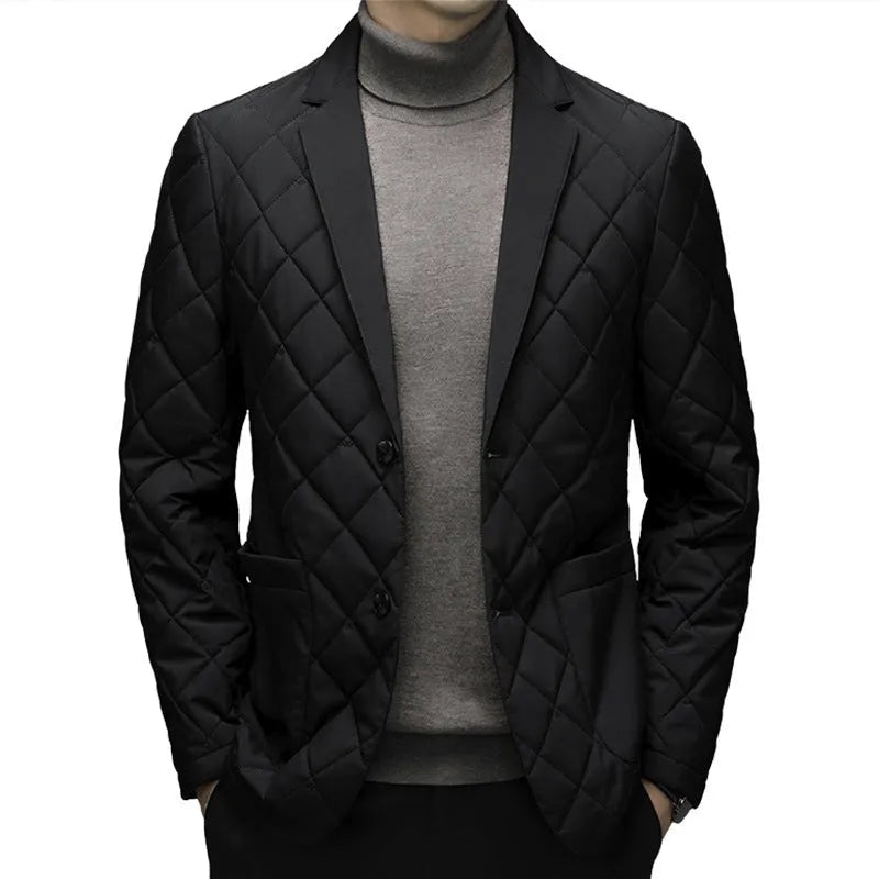 Men's black winter down jacket cardigan with side seam pockets, regular fit
