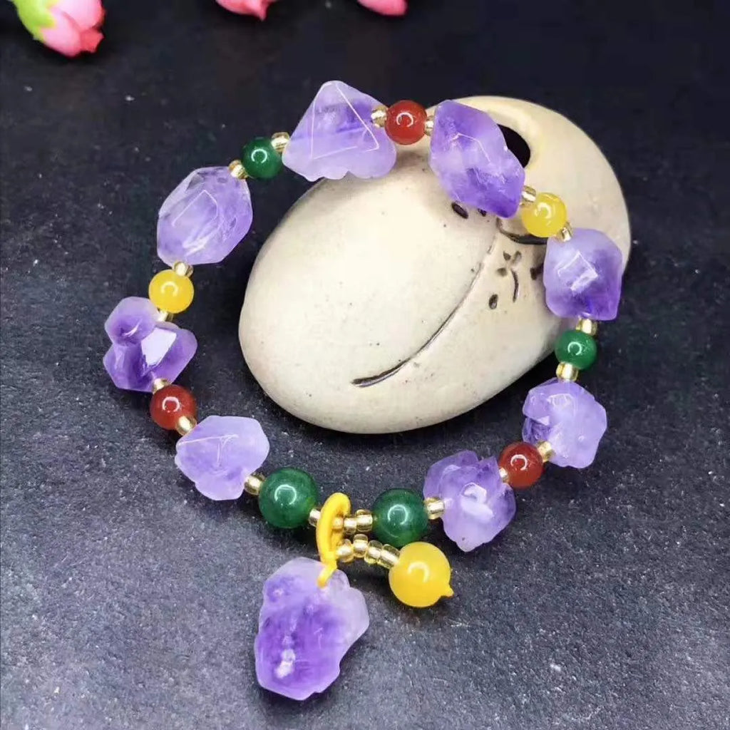 Natural amethyst bracelet with fu character engraving on purple gemstone beads